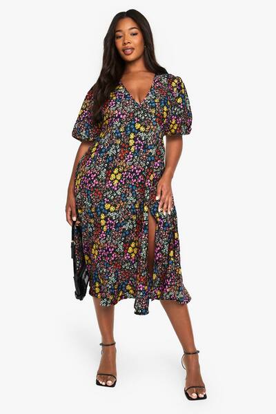 Boohoo Plus Floral Print Midi Smock Dress, Black 