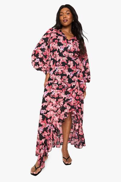  Boohoo Plus Floral Ruffle Wrap Maxi Dress, Pink 