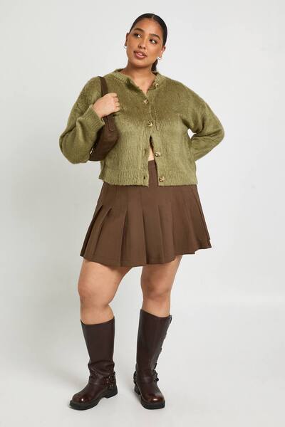  Boohoo Plus Fluffy Crew Neck Cardigan Sweater, Khaki 