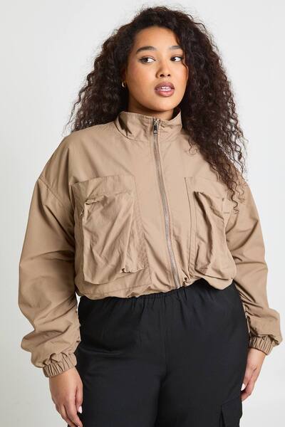  Boohoo Plus Funnel Neck Cropped Utility Jacket, Mushroom 