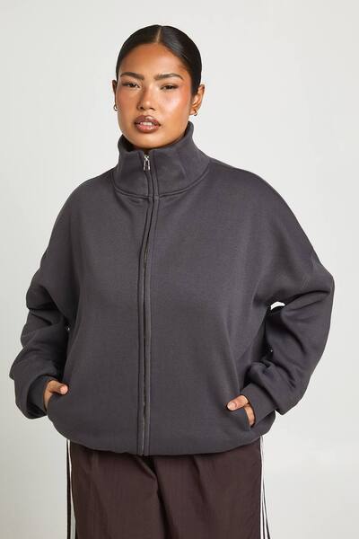  Boohoo Plus Funnel Neck Zip Up Jacket, Charcoal 