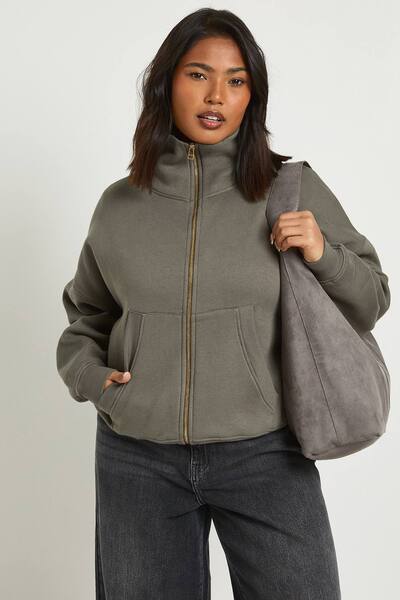  Boohoo Plus Funnel Neck Zip Up Jacket, Khaki 