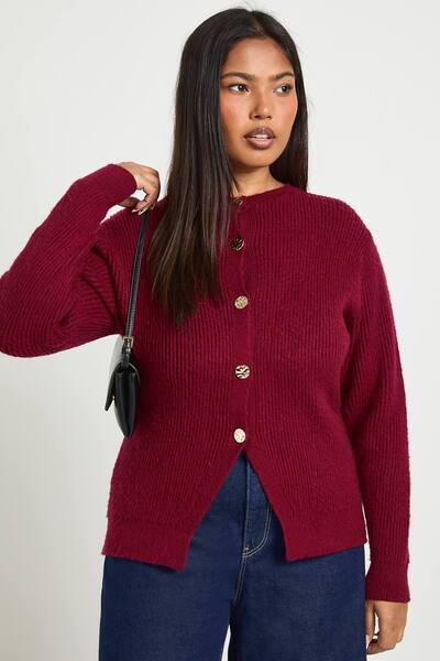  Boohoo Plus Gold Button Crew Neck Knit Cardigan Sweater, Plum 
