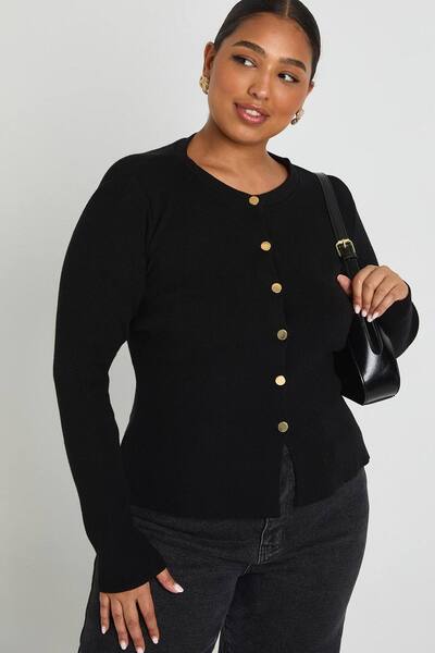  Boohoo Plus Gold Button Crew Neck Peplum Cardigan Sweater, Black 