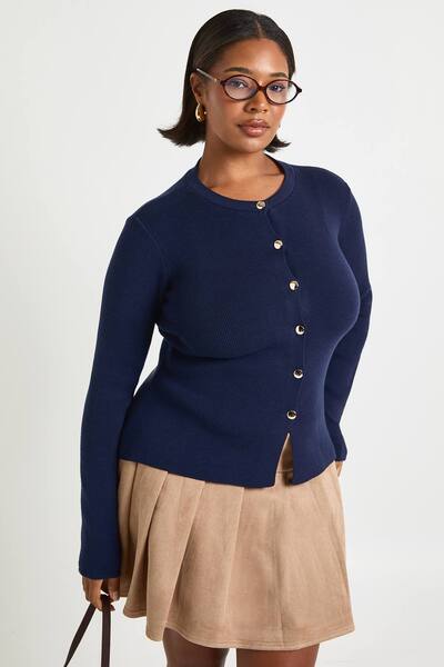  Boohoo Plus Gold Button Crew Neck Peplum Cardigan Sweater, Navy 
