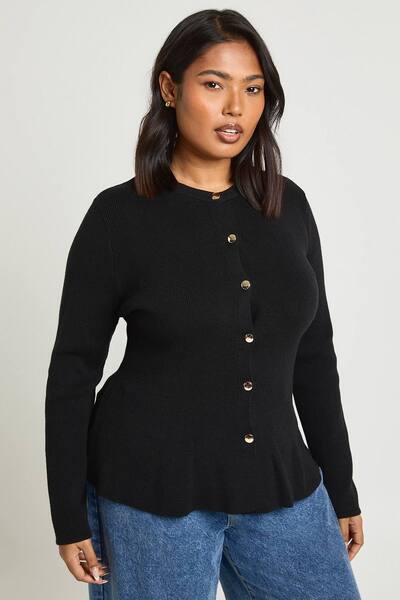  Boohoo Plus Gold Button Peplum Compact Knit Cardigan Sweater, Black 