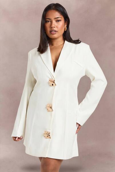  Boohoo Plus Gold Trim Detail Blazer Dress, Ivory 