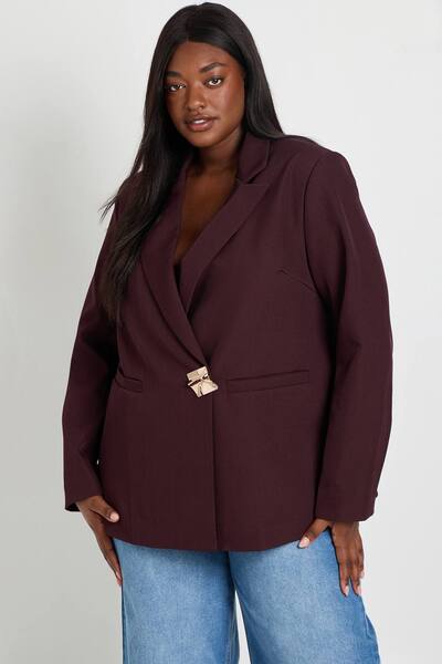  Boohoo Plus Gold Trim Single Breasted Blazer, Plum 