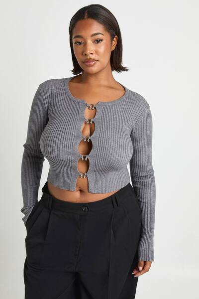  Boohoo Plus Hook Detail Rib Cardigan Sweater, Charcoal 