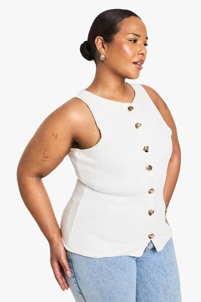  Boohoo Plus Knitted Button Down Waistcoat, Ecru 