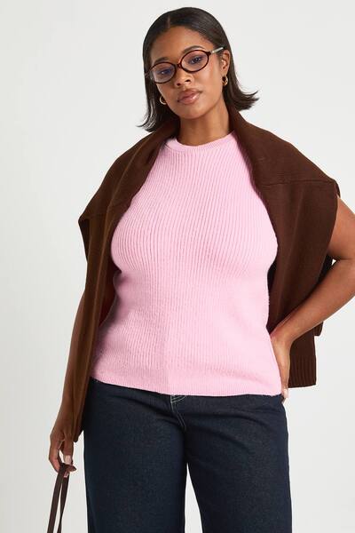  Boohoo Plus Knitted Crew Neck Vest, Pink 
