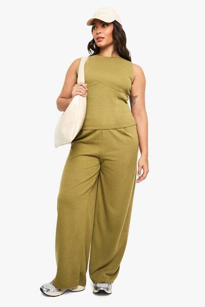  Boohoo Plus Knitted Drawstring Wide Leg Trouser, Olive 