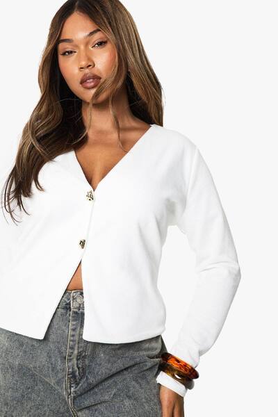  Boohoo Plus Knitted Gold Button Cardigan Sweater, Ecru 