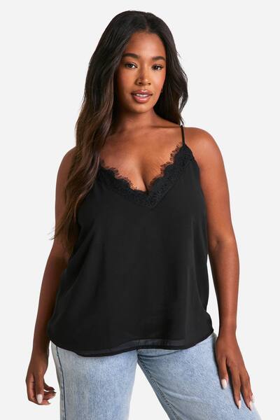  Boohoo Plus Lace Insert Chiffon Cami Top, Black 