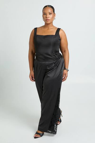  Boohoo Plus Lace Insert Wide Leg Trouser, Black 