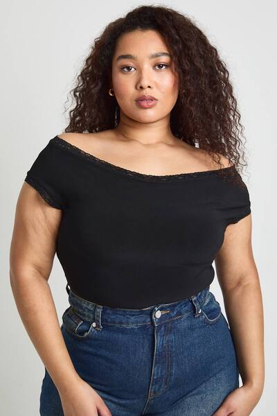  Boohoo Plus Lace Trim Off The Shoulder Bodysuit, Black 