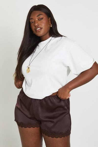  Boohoo Plus Lace Trim Satin Shorts, Chocolate 