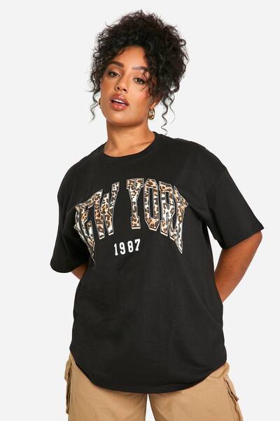  Boohoo Plus Leopard New York Oversized T-shirt, Black 