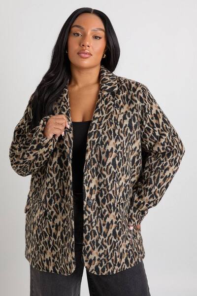  Boohoo Plus Leopard Print Shoulder Pad Detail Wool Look Blazer, Brown 