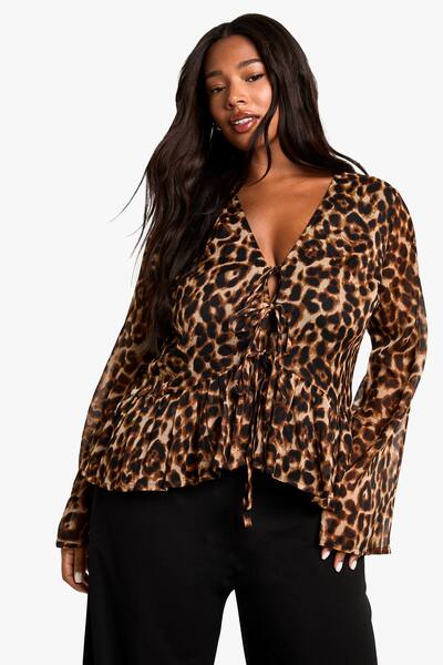  Boohoo Plus Leopard Tie Front Ruffle Blouse, Brown 