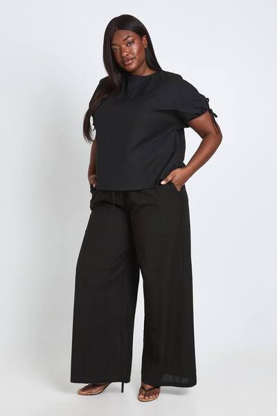  Boohoo Plus Linen Elasticated Waist Wide Leg Trousers, Black 