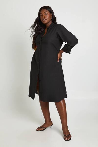 Boohoo Plus Linen Look Midi Shirt Dress, Black 