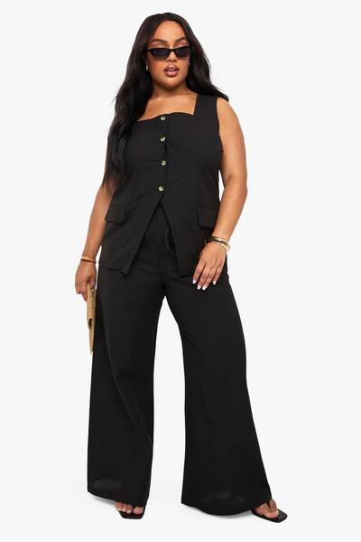  Boohoo Plus Linen Look Square Neck Waistcoat And Tailored Wide Leg Trouser Co-ord, Black 