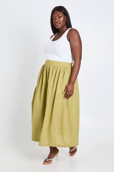  Boohoo Plus Linen Pocket Midaxi Skirt, Olive 