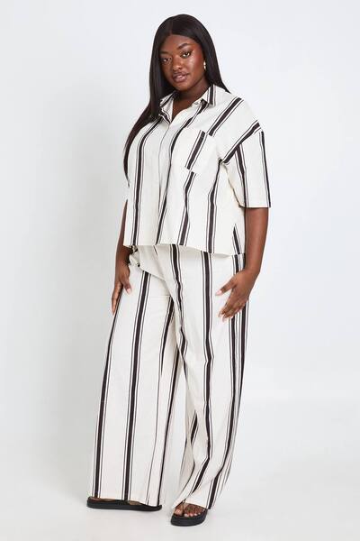 Boohoo Plus Linen Stripe Wide Leg Trouser 