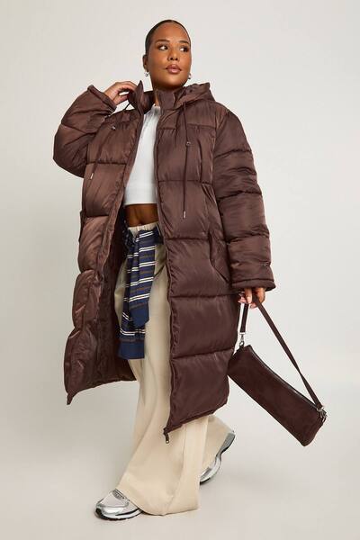  Boohoo Plus Longline Puffer Jacket, Chocolate 