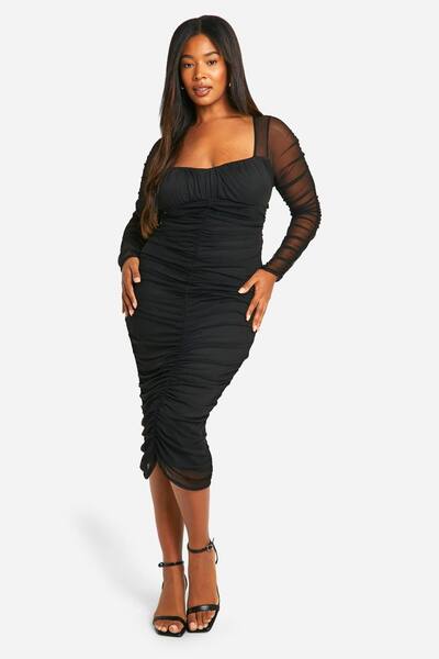  Boohoo Plus Mesh Ruched Midi Dress, Black 