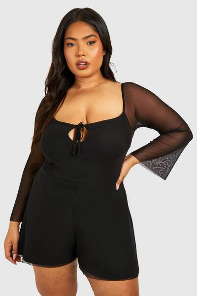  Boohoo Plus Mesh Tie Detail Flared Sleeve Floaty Playsuit, Black 