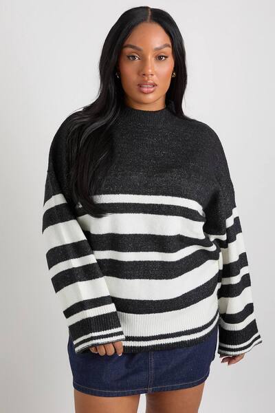  Boohoo Plus Mixed Stripe Oversized Jumper, Black 