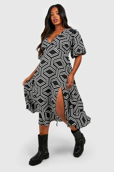  Boohoo Plus Mono Print Midi Smock Dress, Black 