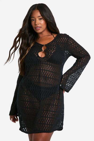  Boohoo Plus O-ring Detail Beach Dress, Black 