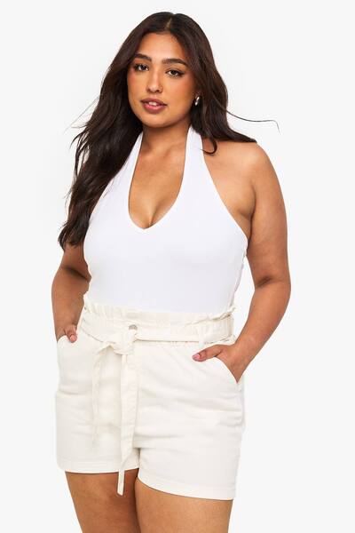  Boohoo Plus Paperbag Waist Denim Short, Ecru 