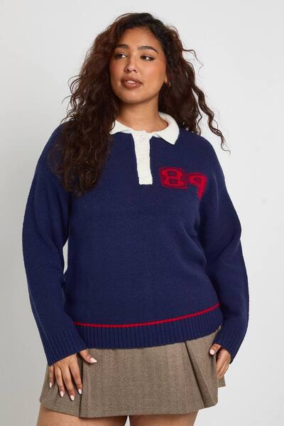  Boohoo Plus Polo Knit 84 Jumper, Navy 