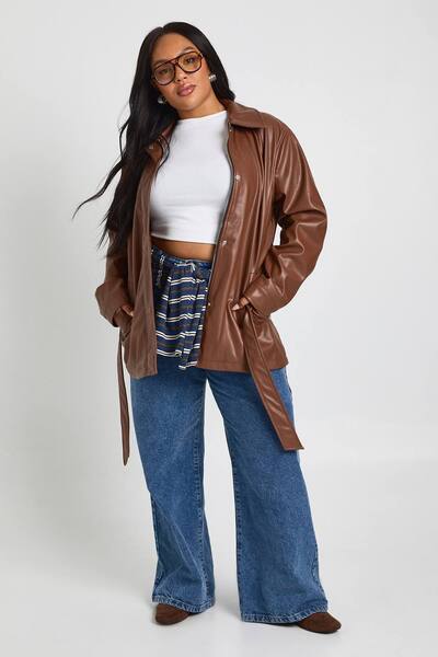  Boohoo Plus Pu Belted Trench Coat, Brown 