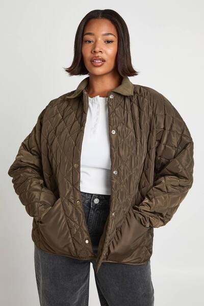  Boohoo Plus Quilted Contrast Collar Casual Jacket, Khaki 