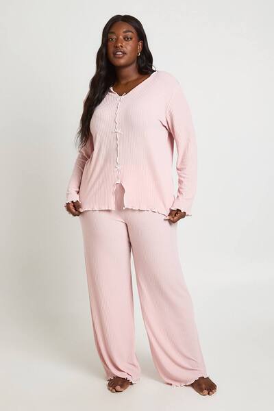  Boohoo Plus Rib Bow Detail Long Sleeve Pyjama Set, Pink 