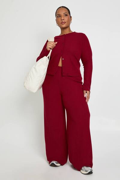  Boohoo Plus Rib Button Cardigan Sweater And Trouser Co-ord, Wine 