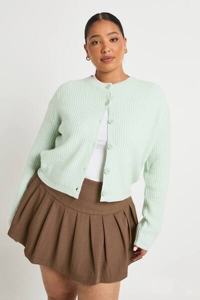  Boohoo Plus Rib Button Down Knit Cardigan Sweater, Sage 