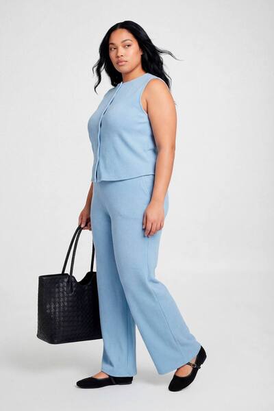  Boohoo Plus Rib Button Top And Trouser Co-ord, Powder Blue 