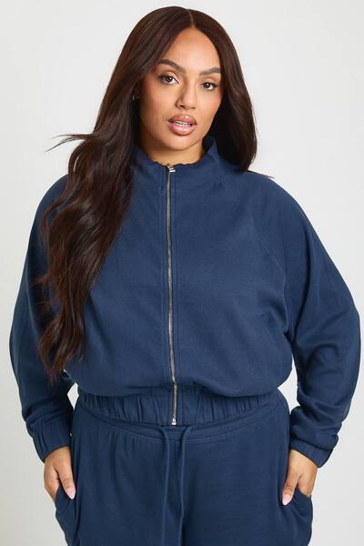  Boohoo Plus Rib Funnel Neck Zip Up Jacket, Navy 