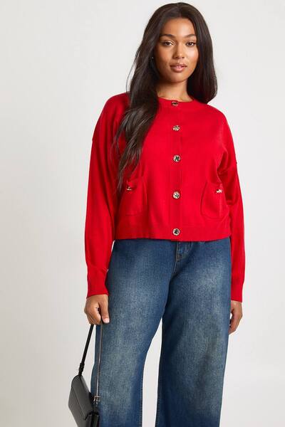  Boohoo Plus Rib Knit Button Cardigan Sweater, Red 