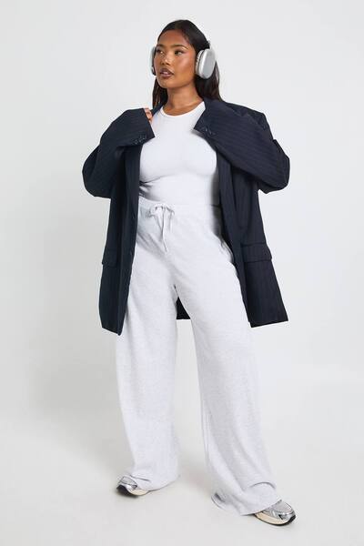  Boohoo Plus Rib Wide Leg Trouser, Ash Grey 