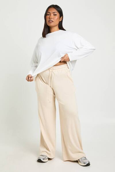  Boohoo Plus Rib Wide Leg Trousers, Stone 