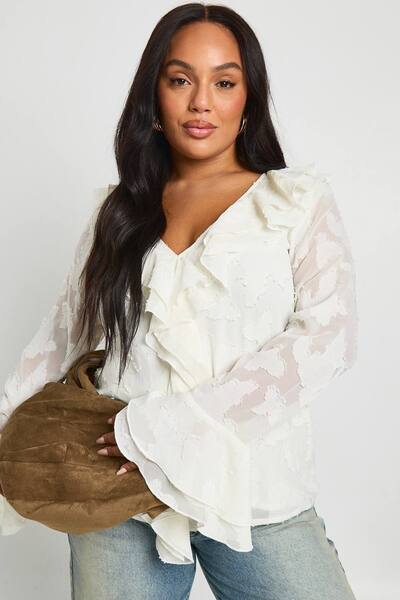  Boohoo Plus Ruffle Burnout Blouse, Ivory 