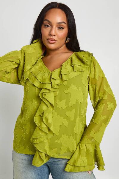  Boohoo Plus Ruffle Burnout Blouse, Olive 