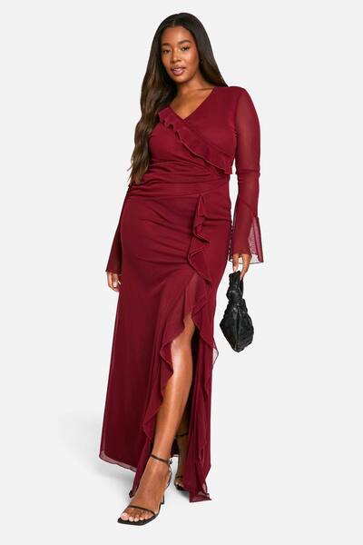  Boohoo Plus Ruffle Wrap Detail Maxi Dress, Cherry 